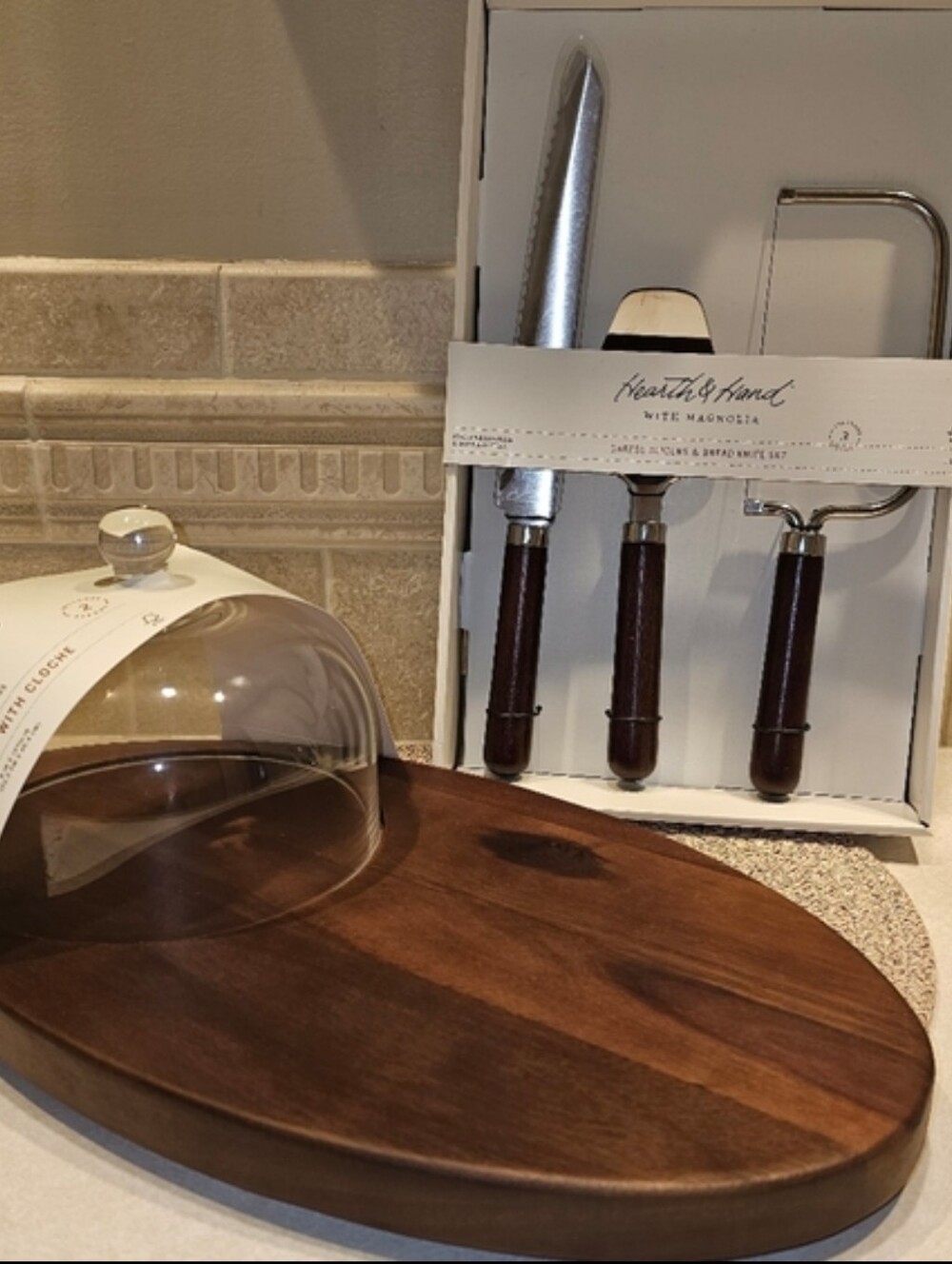 Hearth And Hand Wooden Cheese Board With Cloche & 3pc Cheese&Bread Knife Set